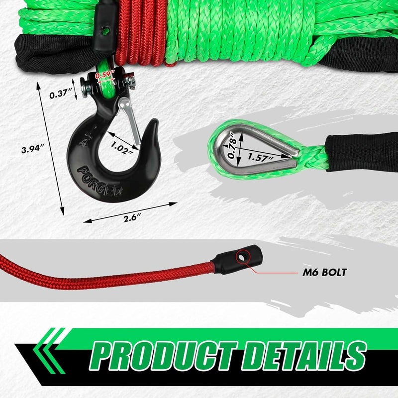 STEGODON 1/4 inch X 50 ft Synthetic Winch Rope Kit,10000 LBS Winch Line Cable with Protective Sleeve+Winch Hook+Safety Pull Strap for Off Road Vehicle ATV UTV（Green） - Image 3